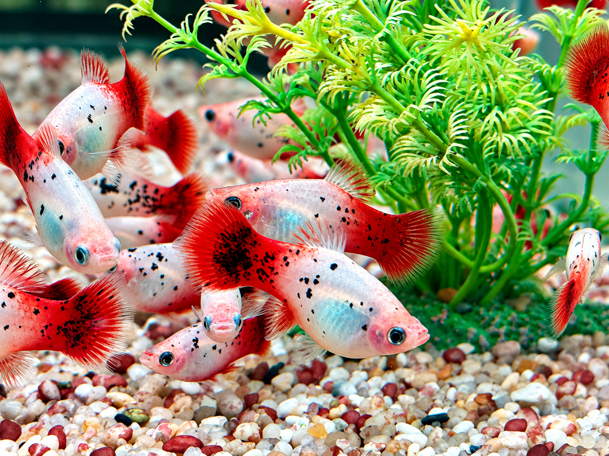 Platy Showa rot weiß calico Xiphophorus maculatus Männchen