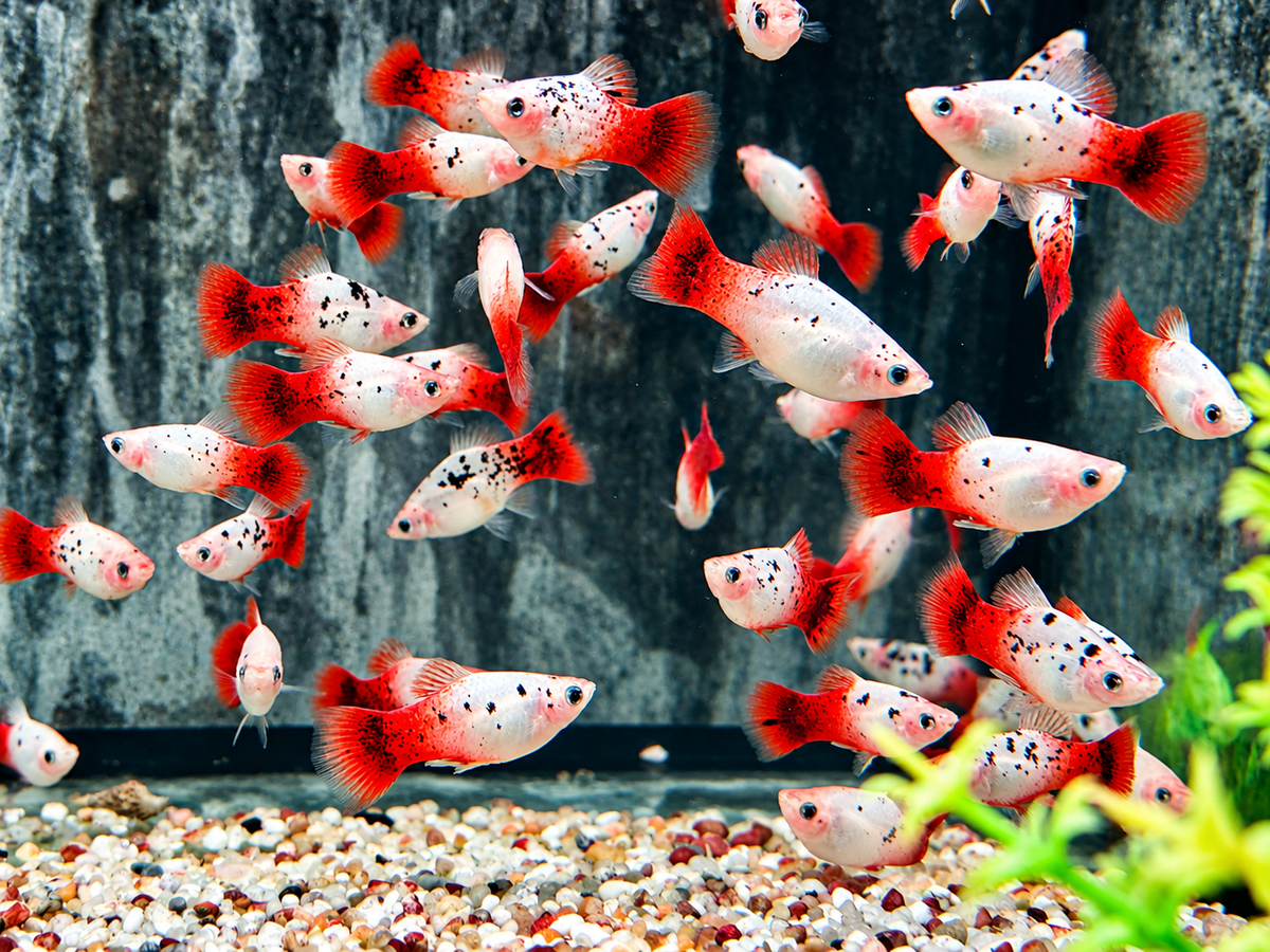 Platy Showa rot weiß calico Xiphophorus maculatus Männchen